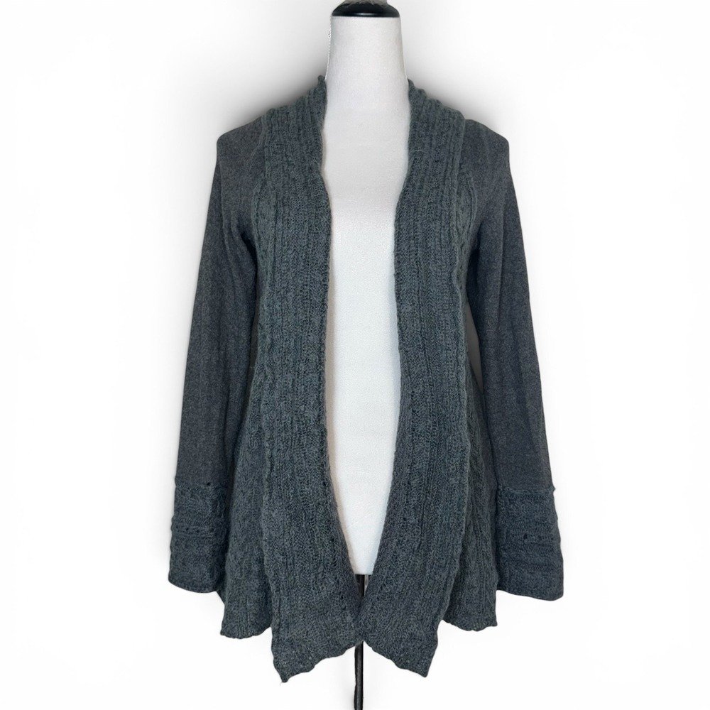 Anthropologie Open Front Fleece Cable-Knit Cardigan M Gray Wool Mohair Pockets